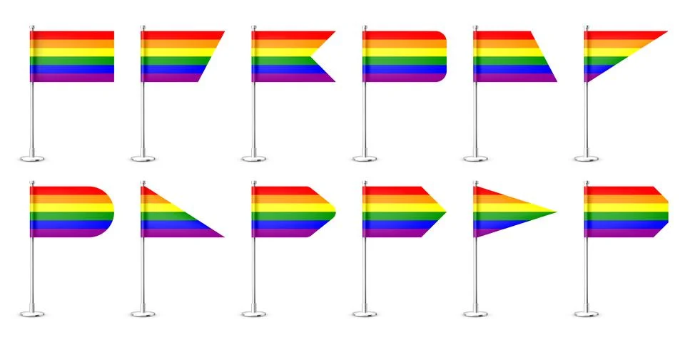 Realistic various table flags on a chrome steel pole. Rainbow LGBT desk flag イラスト素材