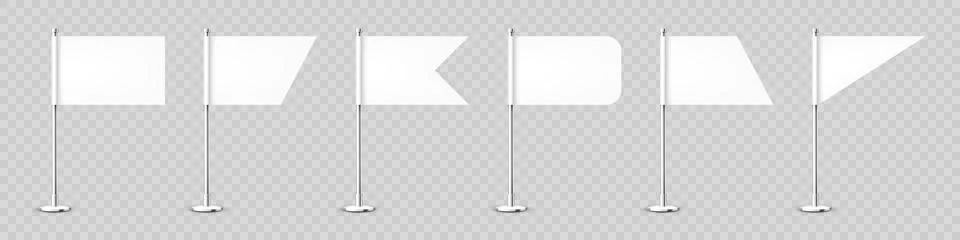 Realistic various table flags on a chrome steel pole. Blank white desk flag made Stock Illustration