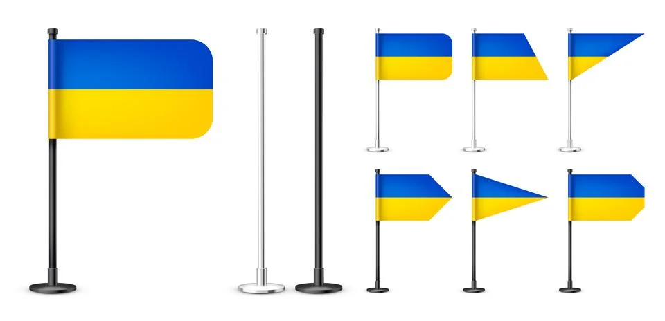 Realistic various Ukrainian table flags on a chrome steel pole. Souvenir from Stock Illustration