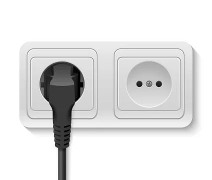 Realistic Vector 3d Black Plug Inserted in a Wall Socket Icon Closeup Isolated Stock Illustration