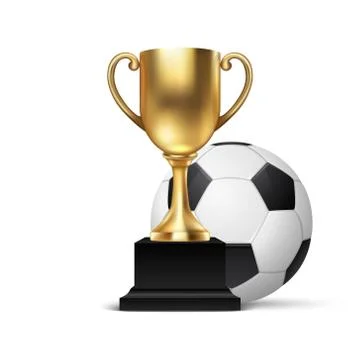 Realistic Vector 3d Blank Golden Champion Cup Icon wirh Soccer Ball Set Closeup Stock Illustration