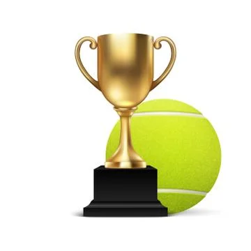 Realistic Vector 3d Blank Golden Champion Cup Icon wirh Tennis Ball Set Closeup Stock Illustration