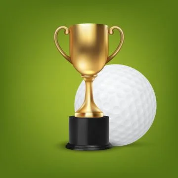 Realistic Vector 3d Blank Golden Champion Cup Icon wirh Golf Ball Set Closeup on Stock Illustration