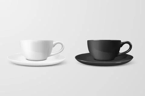 Realistic Vector 3d Blank White and Black Coffee Tea Cup, Mug Icon Closeup Stock Illustration