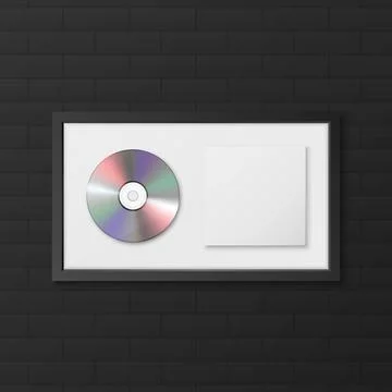 Realistic Vector 3d CD, Label with Black CD Cover Frame on Black Brick Wall Stock Illustration