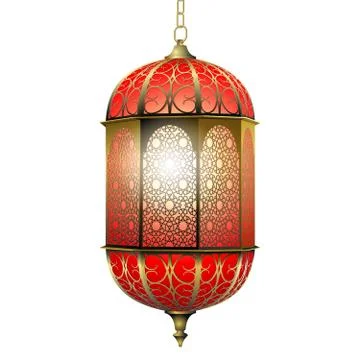 Realistic vector 3D traditional burning arabic hanging golden lantern 스톡 일러스트