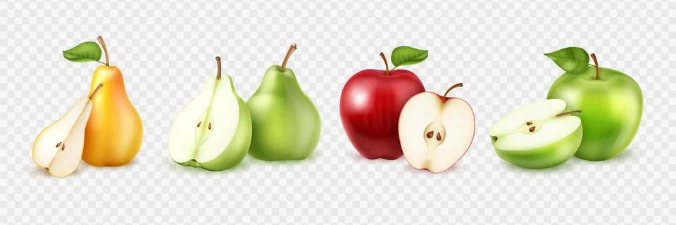 Realistic vector apple and pear fruits. Set of whole, slice, piece of fruits Stock Illustration