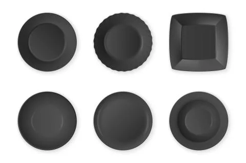 Realistic vector black food empty plate icon set closeup isolated on white Stock Illustration