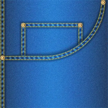Realistic vector blue denim jeans fabric front pocket with yellow stitching.. Stock Illustration