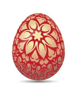 Realistic vector bright red Easter egg with golden decorative floral branch a 库存插图