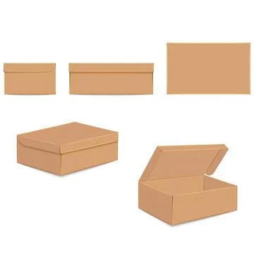 Realistic vector brown cardboard packaging shoe boxes blank 3d mockups set .. Stockillustratie