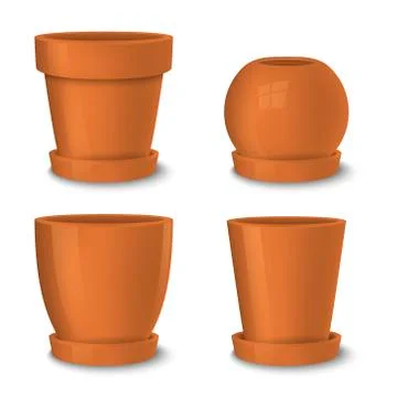 Realistic vector brown empty flower pot with plate set. Closeup isolated on Stock Illustration