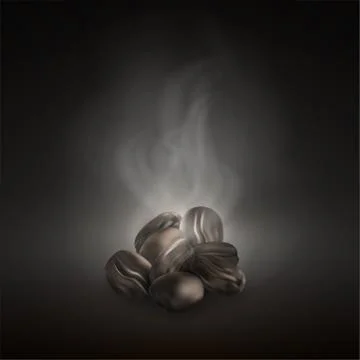 Realistic vector coffee beans. Roasted dark black coffee beans on pile with Illustrazione stock
