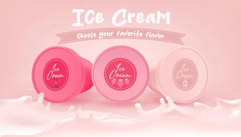 Realistic vector cream container mockup. Pink frozen yogurt in 3D jar. Food.. Stock Illustration