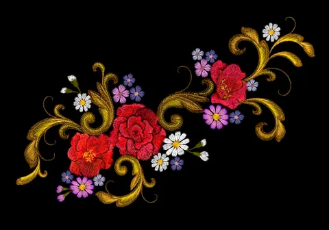Realistic vector embroidery fashion patch. Flower rose daisy golden leaves vi Stock Illustration