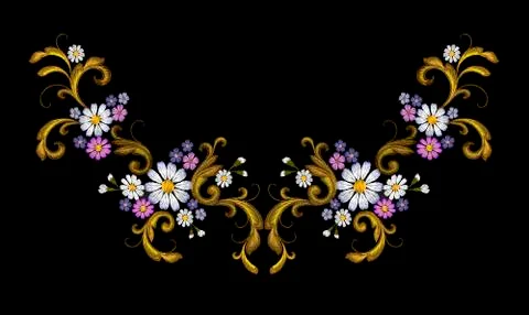 Realistic vector embroidery fashion patch. Flower daisy golden leaves vintage Stock Illustration