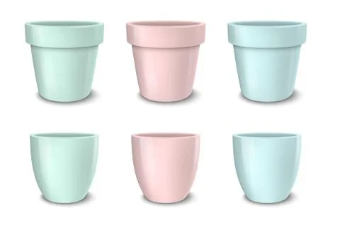 Realistic vector empty flower pot set, pastel colors - pink, green and blue Stock Illustration
