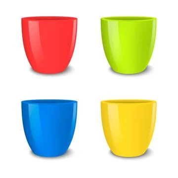 Realistic vector empty flower pot set, bright colors - red, green, blue and y Stock Illustration