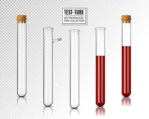 Realistic vector empty test tubes and test tubes with blood. With cork and Illustrazione stock