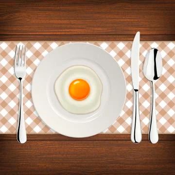 Realistic vector fried egg icon on a plate with fork and knife. Design template. Illustrazione stock
