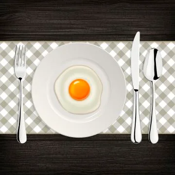 Realistic vector fried egg icon on a plate with fork and knife. Design template. Illustrazione stock