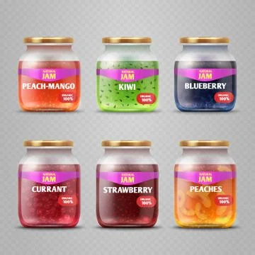 Realistic vector fruit jam glass jars isolated Illustrazione stock