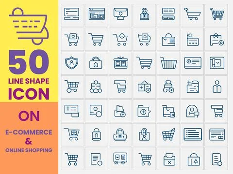 Realistic vector icon set on online shopping and E commerce. Trending line .. Stock Illustration