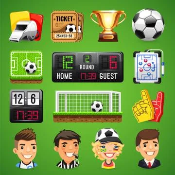 Realistic Vector Icons Set on the Theme of Soccer Stock Illustration