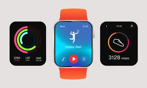 Realistic vector illustration digital smartwatch orange strap volleyball Stock Illustration