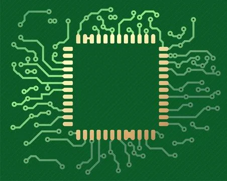 Realistic vector illustration of PCB board in green and golden tones with hol Stock Illustration