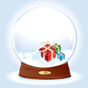 Realistic vector illustration of an snow-dome with gifts on snow Stock Illustration