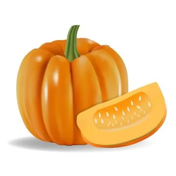 Realistic vector illustration of a whole pumpkin with a pumpkin slice. Stock Illustration