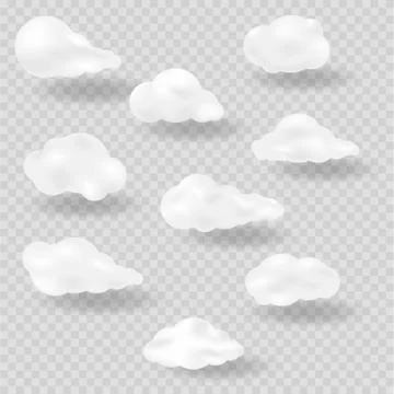 Realistic vector image set of three white clouds with shadow. Stock Illustration