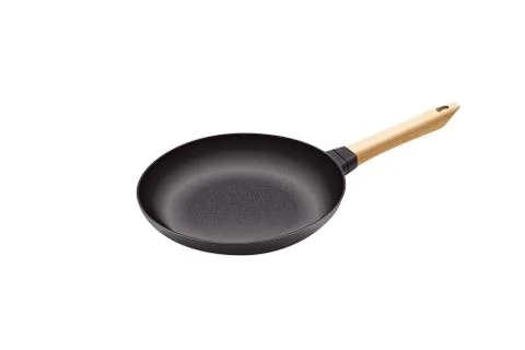 Realistic vector iron pan. Cast-iron pan with wooden handle. Illustrazione stock