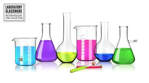 Realistic vector laboratory glassware with liquids of different colors with Stock Illustration