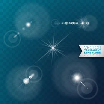 Realistic vector lens flare light effect on transparent background. Illustrazione stock
