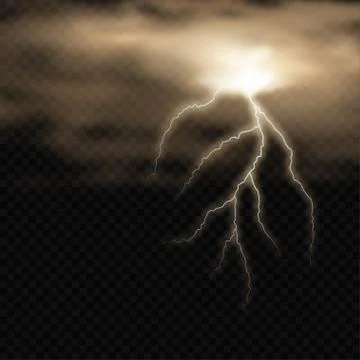 Realistic vector lightning with clouds on dark background. Bright, electric Illustrazione stock