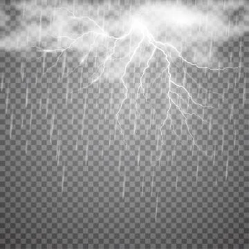 Realistic vector lightning with rain and cloud on checkered background. Bright Stock Illustration