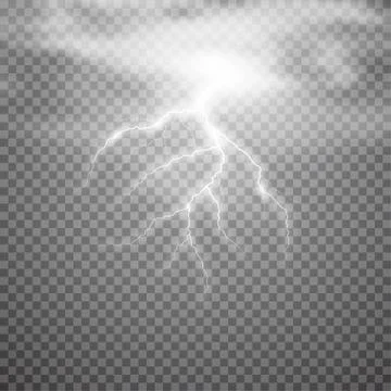 Realistic vector lightning with rain and cloud on checkered background. Bright Stock Illustration