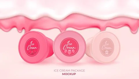 Realistic vector liquid flow background of the pink frozen cream container... 库存插图