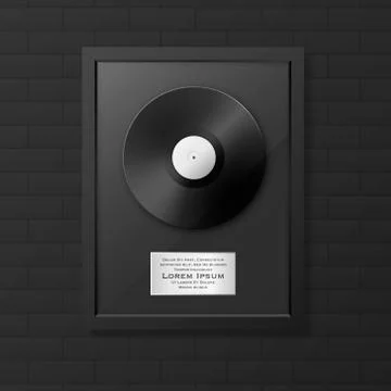 Realistic vector LP and label in glossy black frame icon closeup on black brick Stock Illustration