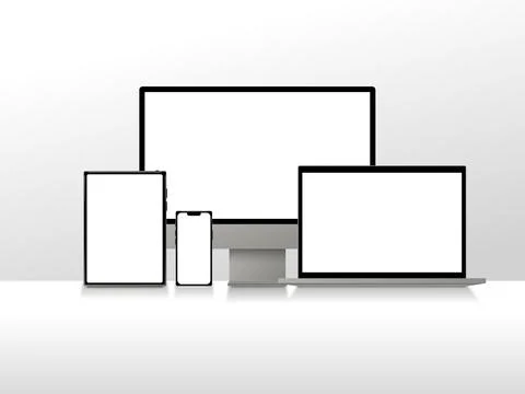 Realistic vector mockup set of digital devices including monitor, laptop, tab Stock Illustration