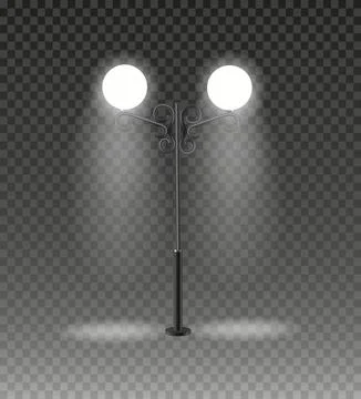 Realistic vector Modern and vintage city street lights row working at night Stock Illustration