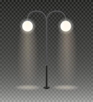 Realistic vector Modern and vintage city street lights row working at night Stock Illustration
