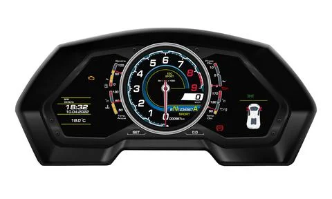 Realistic vector modern super car dashboard speed control digital technology Stock Illustration