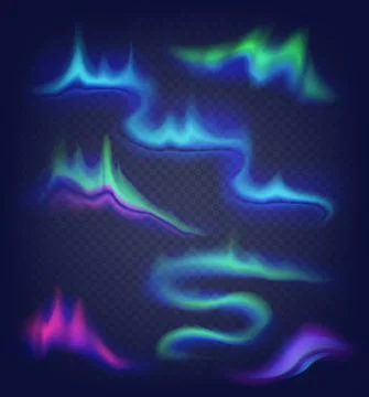 Realistic vector northern lights set. Amazing aurora borealis night polar sky on Stock Illustration