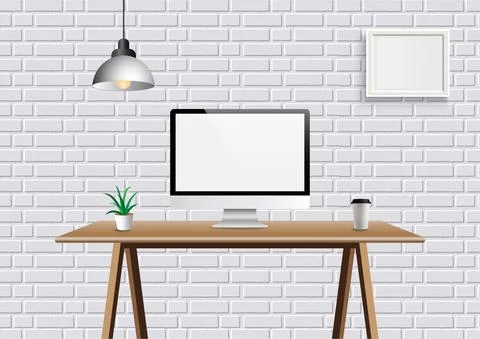 Realistic vector office creative space with display on desk table. Mockup wor Stock Illustration