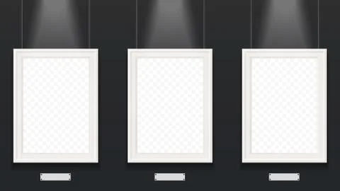 Realistic vector picture frames in photo art gallery on the black wall. Stock Illustration