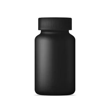 Realistic vector pill bottle. Black plastic medicine container for drugs. Stock Illustration