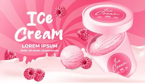 Realistic vector of a pink ice cream in a 3D mockup bucket with the raised .. Stock Illustration